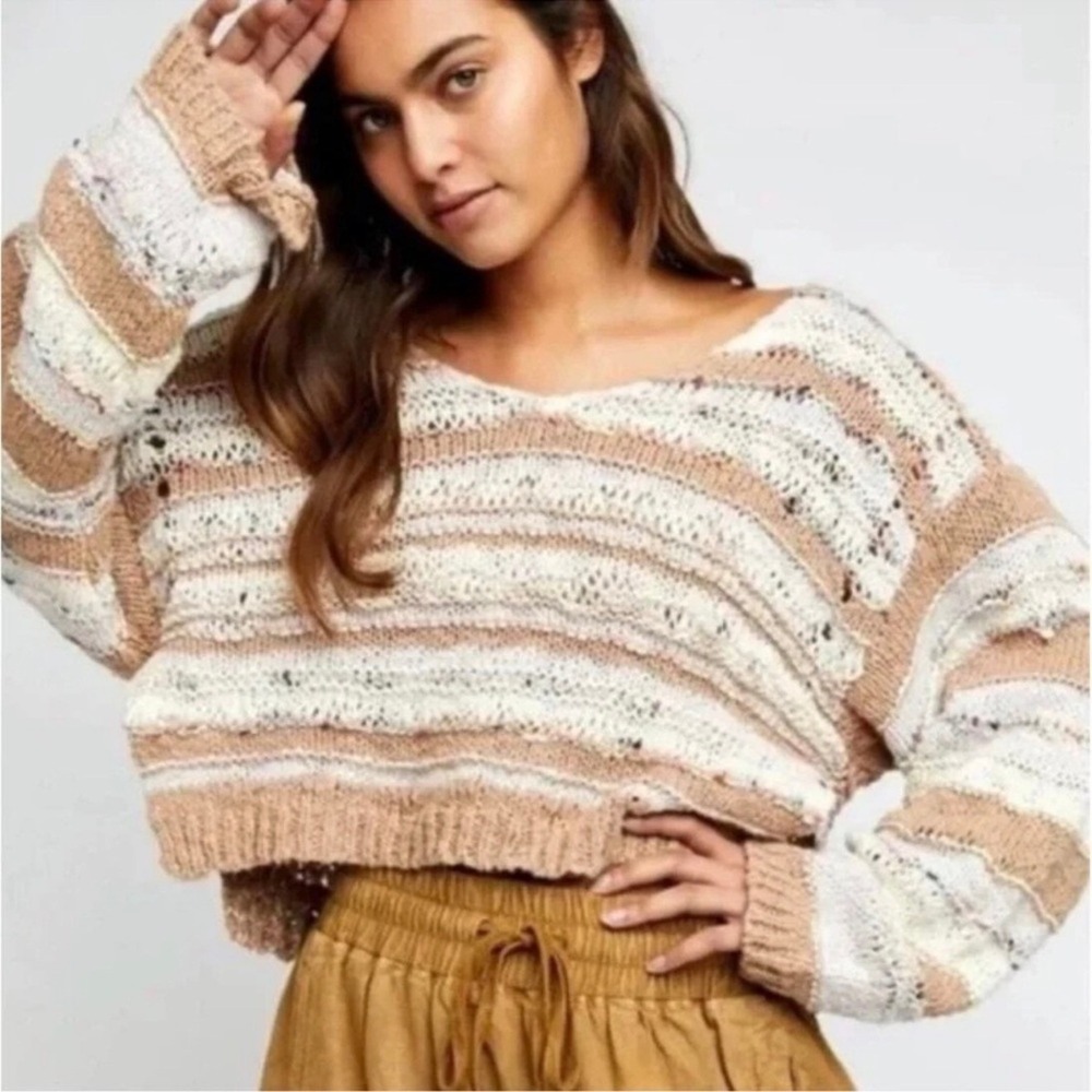 FREE‎ PEOPLE Lake Life Open Weave Crochet Oversized Boxy Fit Cropped Sweater M
